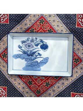 Vtg Japanese Rectangular Floral Blue/White Serving Plate Tray 7.25x5x1 Showa Era